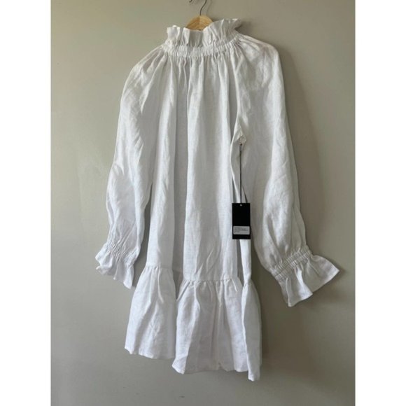 Ephemera Ruffle High Neck Linen Garland Smock Dress White Women's Size: 4 NWT - Picture 3 of 11
